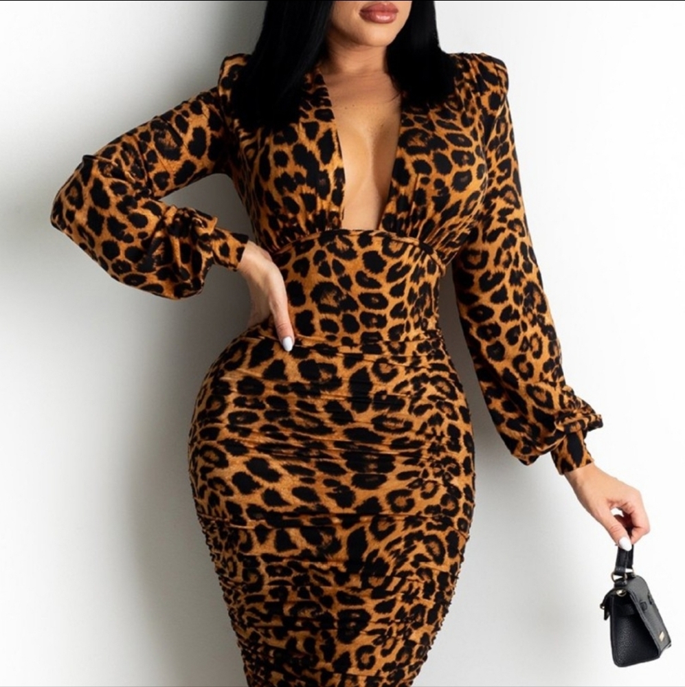 Cheetah Print Plunge Lantern Sleeve Ruched Dress